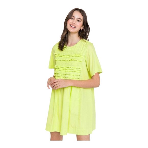 English Factory Highlighter Yellow Ruffle Babydoll Pockets Shirt Dress, XS - Picture 2 of 16